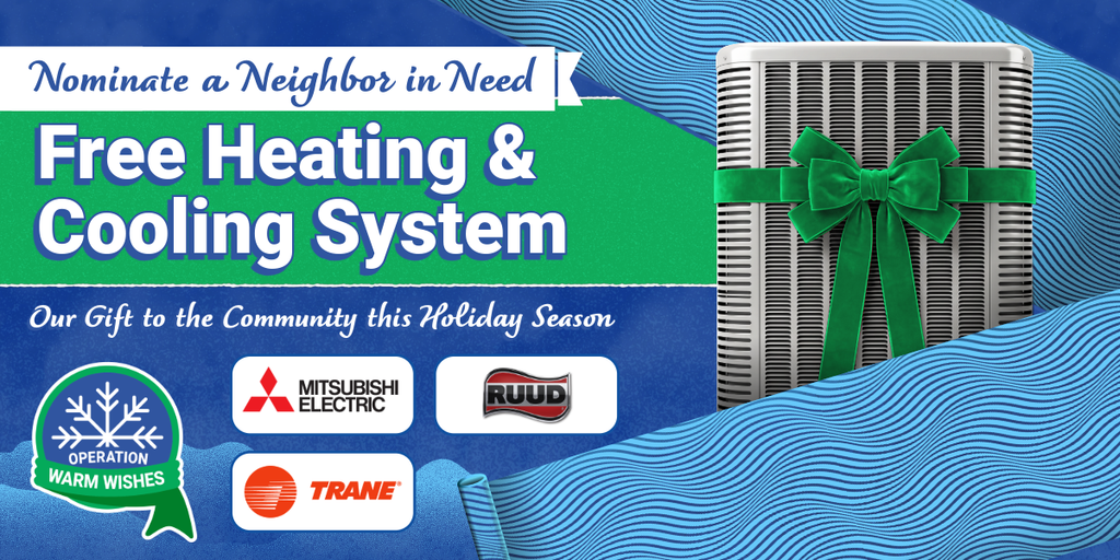 mountainair-oww-email-B - Mountain Air Mechanical Banner for a holiday charity offering a free heating and cooling system to nominate a neighbor in need, featuring sponsor logos and a wrapped unit on the right.